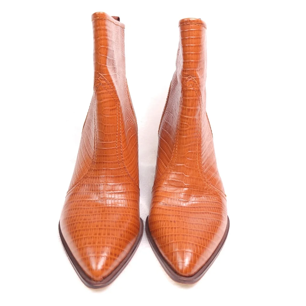 SARTO By Franco Sarto Tan Croc-Embossed Pointed Toe Ankle Boots